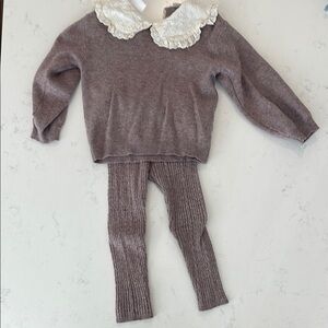 Cozy Knit Sweater and Leggings Set with Lace Collar